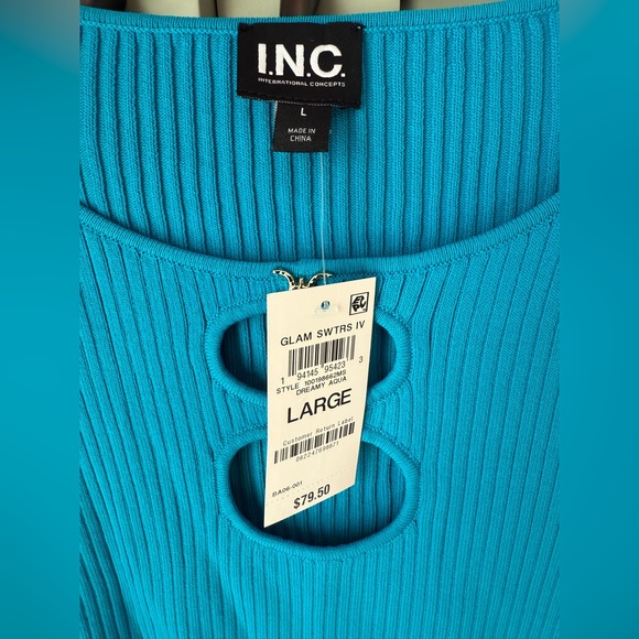 NWT INC International Concepts by Macy's Blue Ribbed Top w buckle detail SZ L - Picture 2 of 8